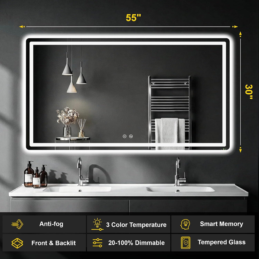 LED Bathroom Mirror with Lights, 30"x55" Lighted Vanity Mirror for Wall | Anti-Fog, Dimmable 3 Color Light