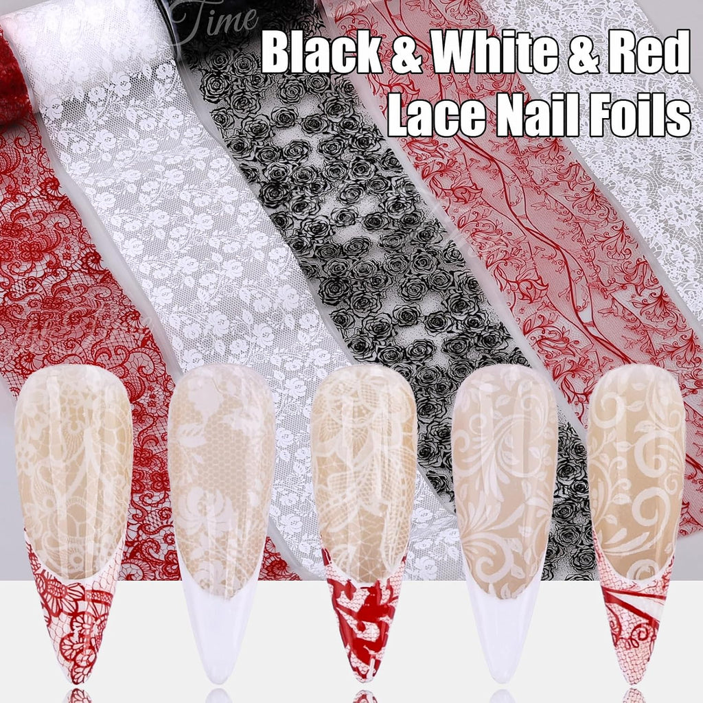 Lace Nail Foil Transfer Sheets, 10 Rolls Black White Red Flower Nail Art Transfer Foils Decals, Flower Nail Art Foils