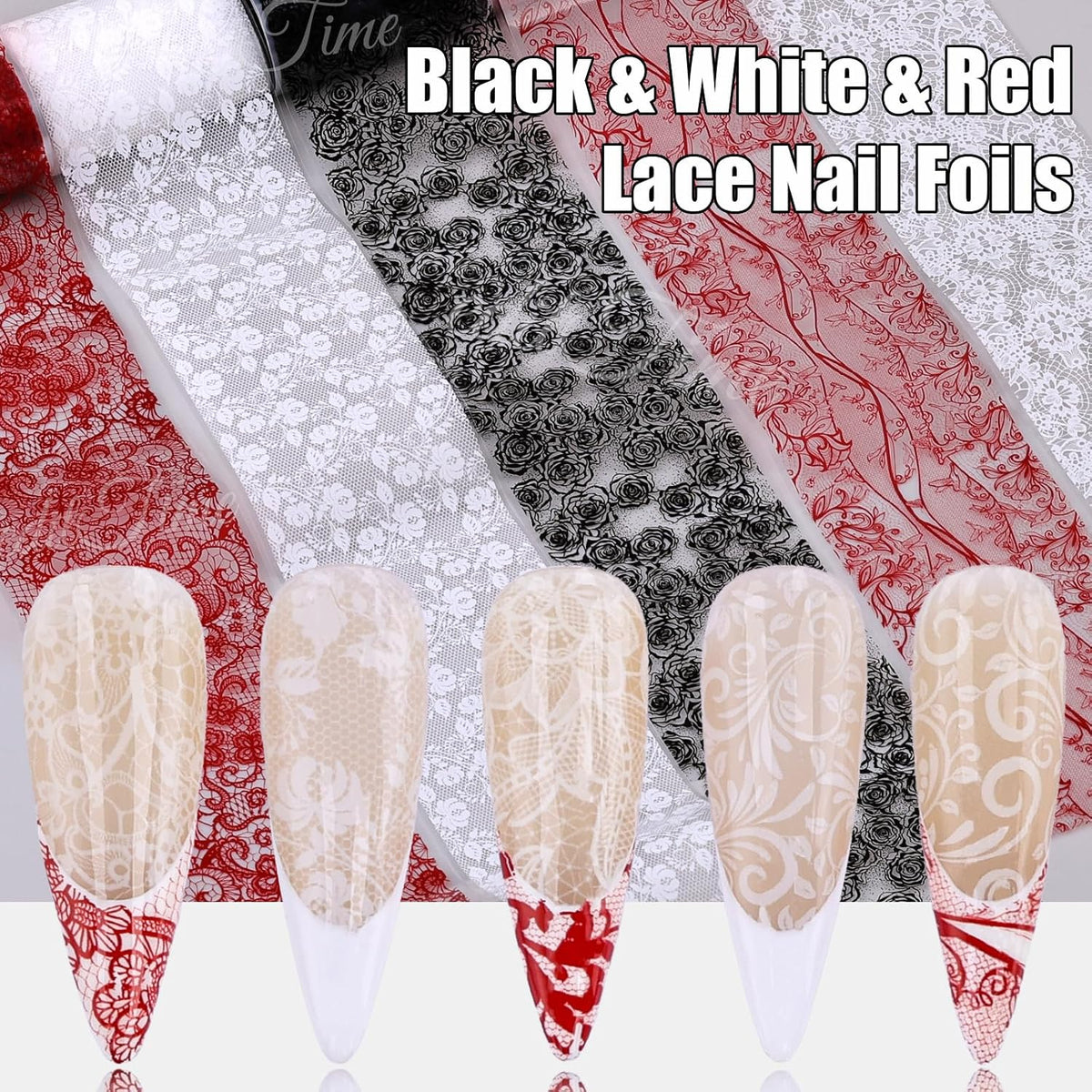 Lace Nail Foil Transfer Sheets, 10 Rolls Black White Red Flower Nail Art Transfer Foils Decals, Flower Nail Art Foils