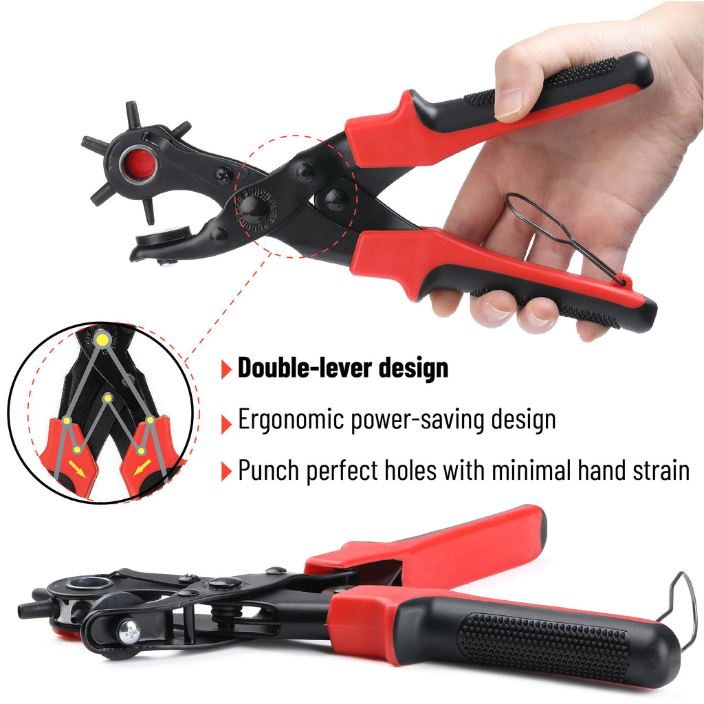 Leather Hole Punch Tool Set, Red Handle, Multi Punch Sizes, Belt Hole Puncher for Leather, Belts, Straps, Pet