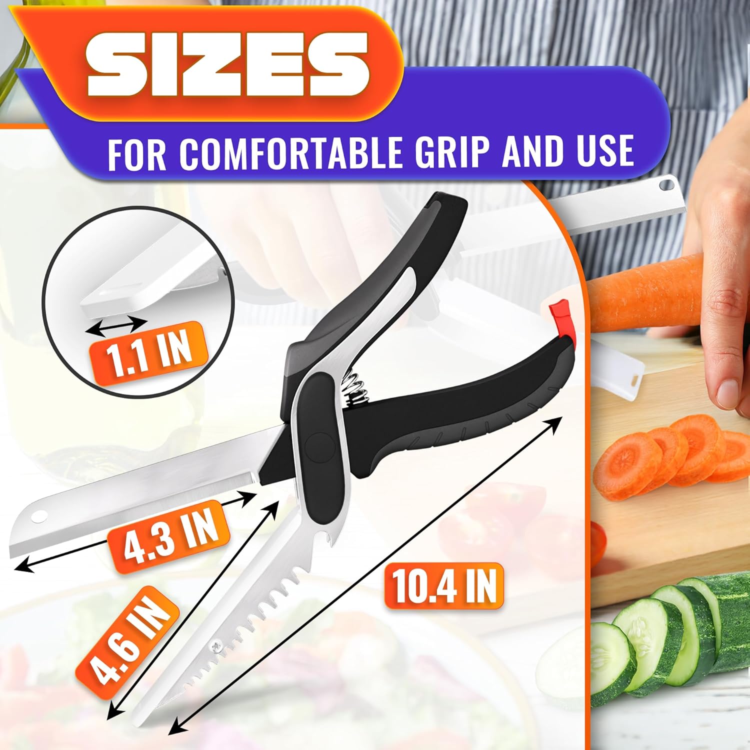 6-in-1 Cutting Board Scissors – Heavy Duty & Dishwasher-Safe Kitchen Shears with Ribbed No-Slip Blade, Spring-Assist