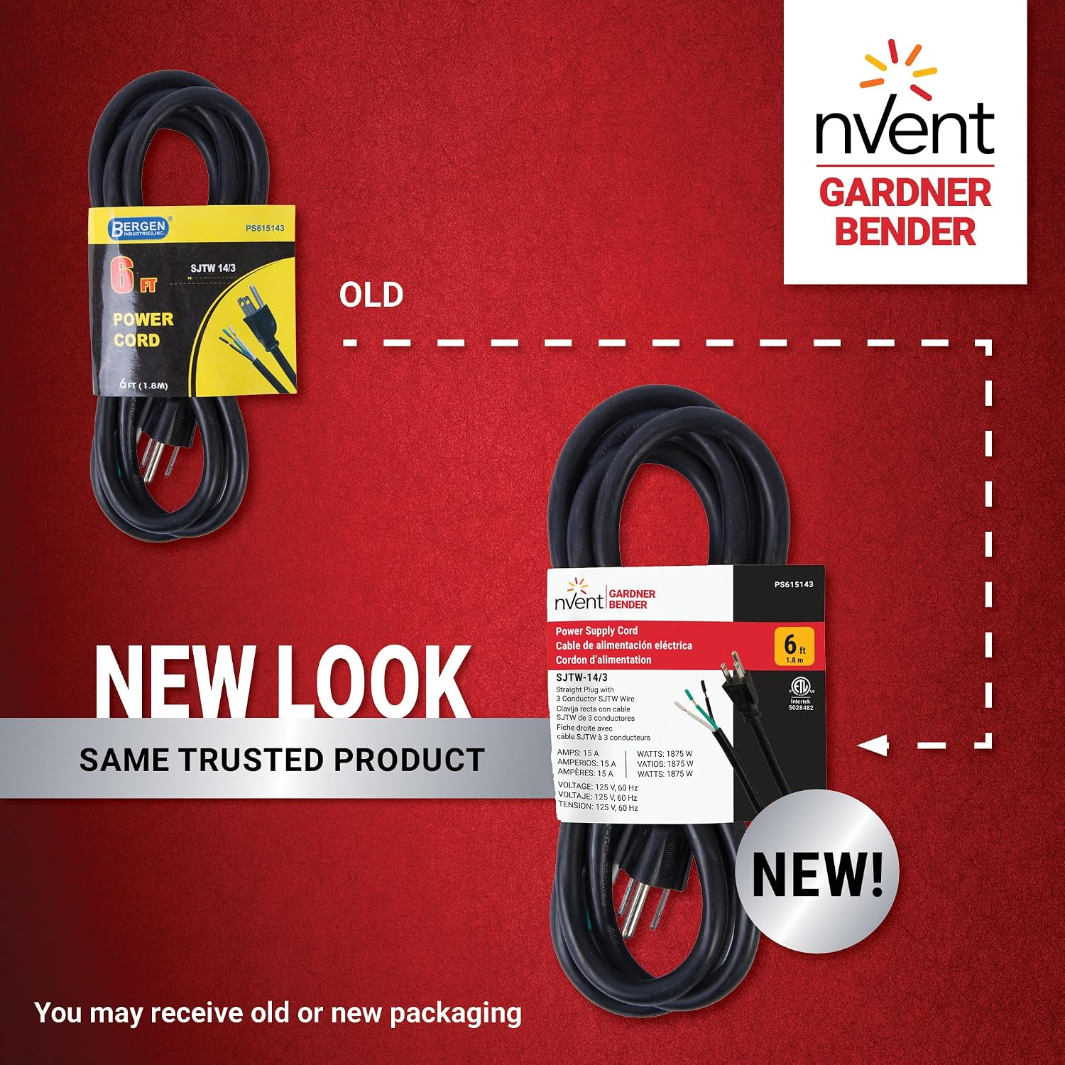 nVent GARDNER BENDER PS615143 6 ft Replacement Appliance Power Cord 14/3 AWG Heavy-Duty SJTW Cable with Grounded NEMA