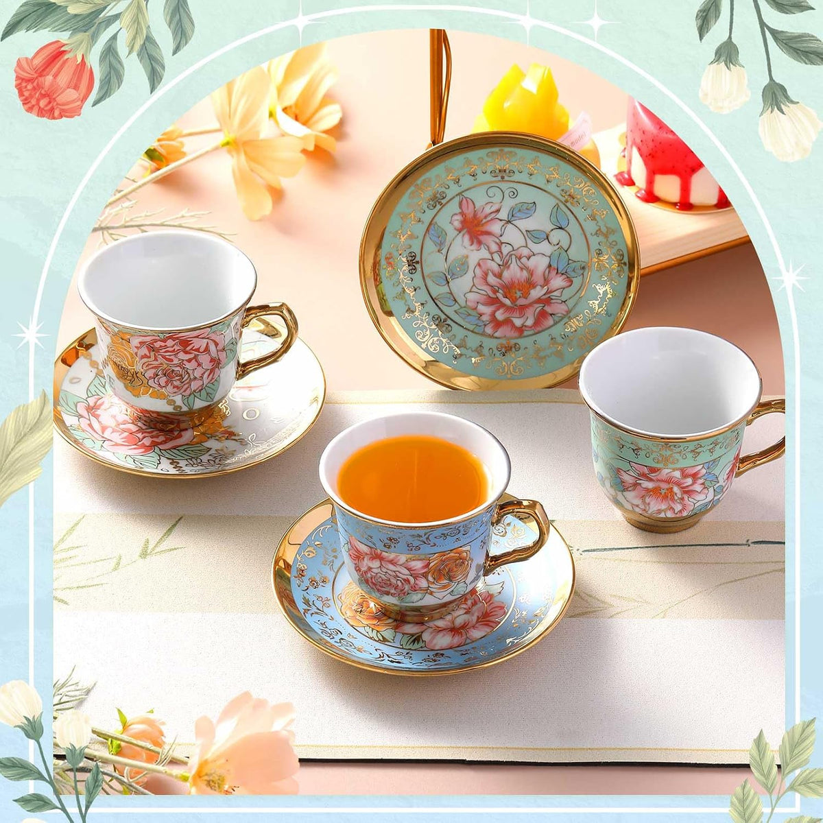 Set of 18 Tea Cups and Saucers, Classic Style, 5.4 oz