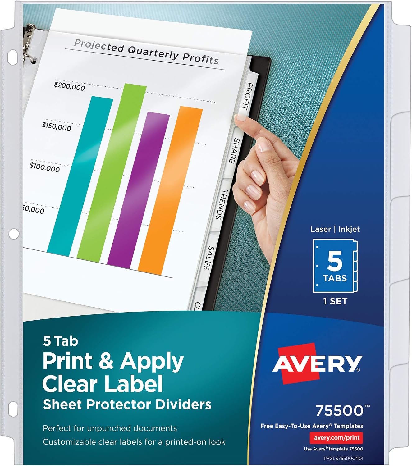5-Tab Sheet Protector Dividers, Easy Print & Apply Clear Labels, Index Maker, White Tabs, 1 Set (75500)