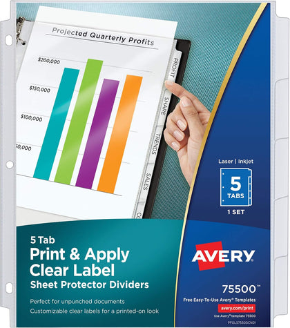 5-Tab Sheet Protector Dividers, Easy Print & Apply Clear Labels, Index Maker, White Tabs, 1 Set (75500)