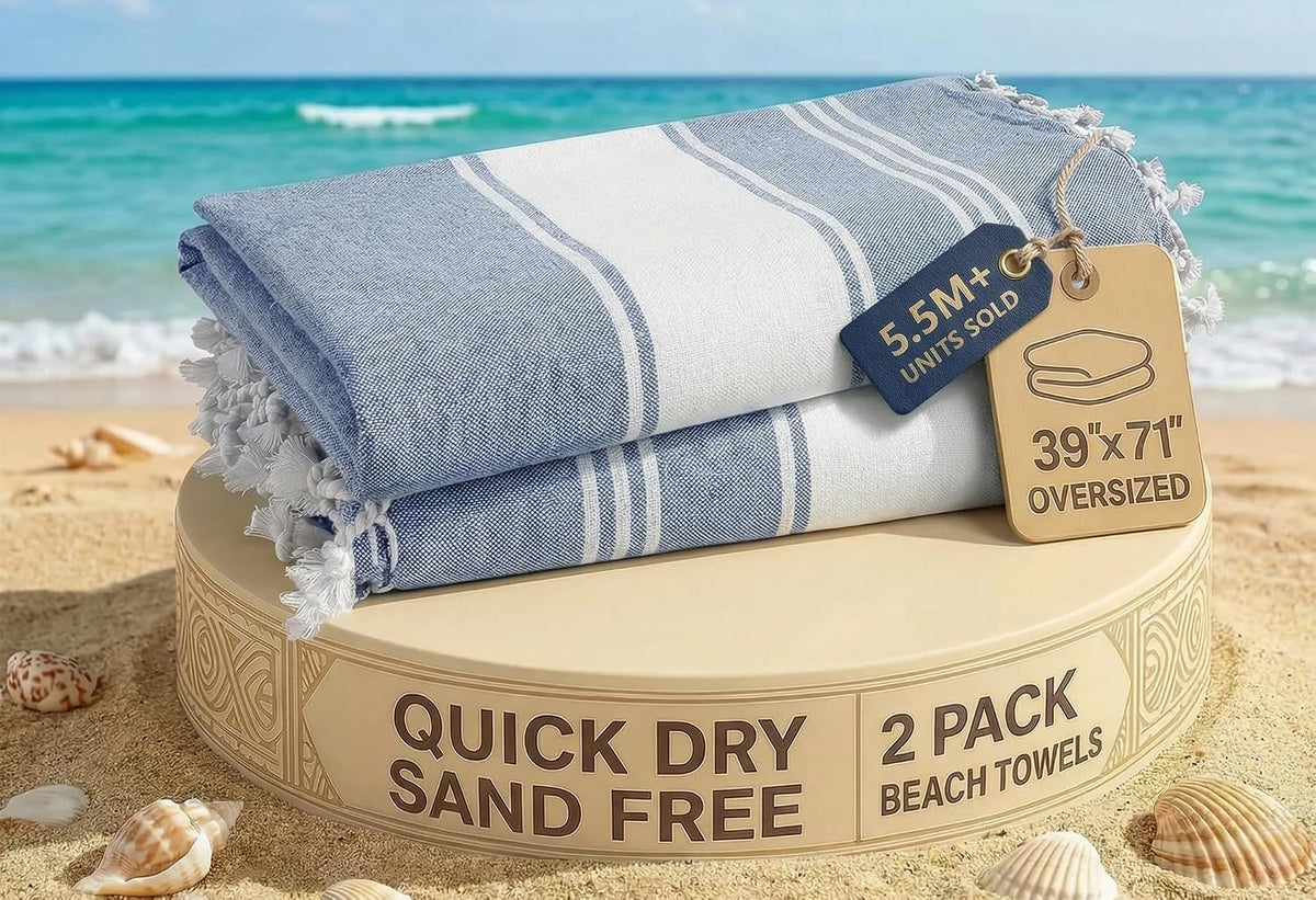 Turkish Beach Towels, Super Absorbent, Quick Dry - Forever Blue | 2 Pack Extra Large Beach Towel - Pre-Washed for