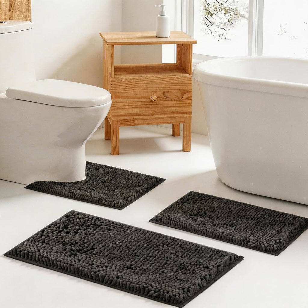 Bathroom Rugs Set Non Slip 3 Piece Bath Mat Washable Chenille Bath Rugs with PVC Backing Bath Carpet,Absorbent