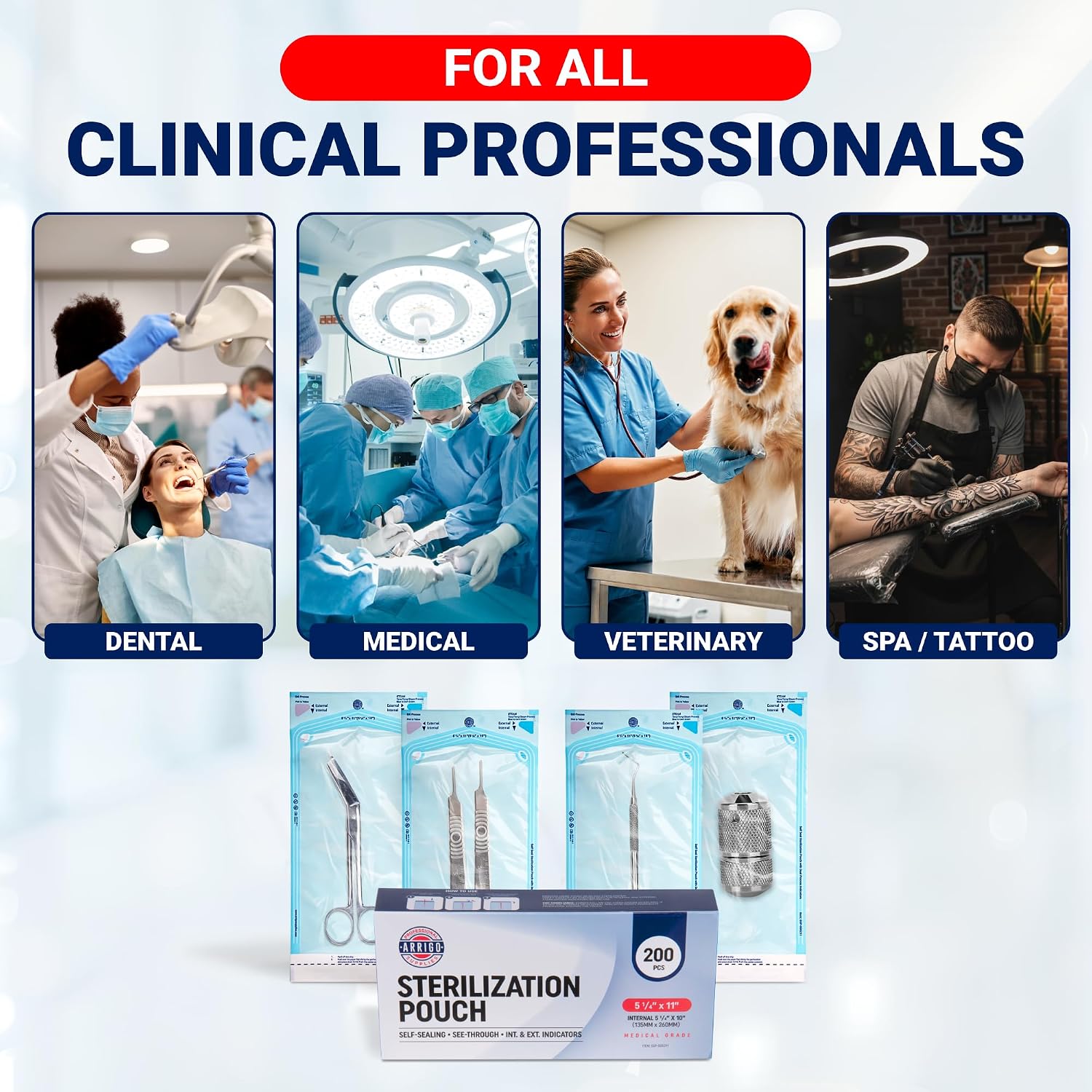 Arrigo Self-Sealing Sterilization Pouches 5.25" x 11" – 200 Count – Autoclave Bags with Internal & Dual (Int/Ext)
