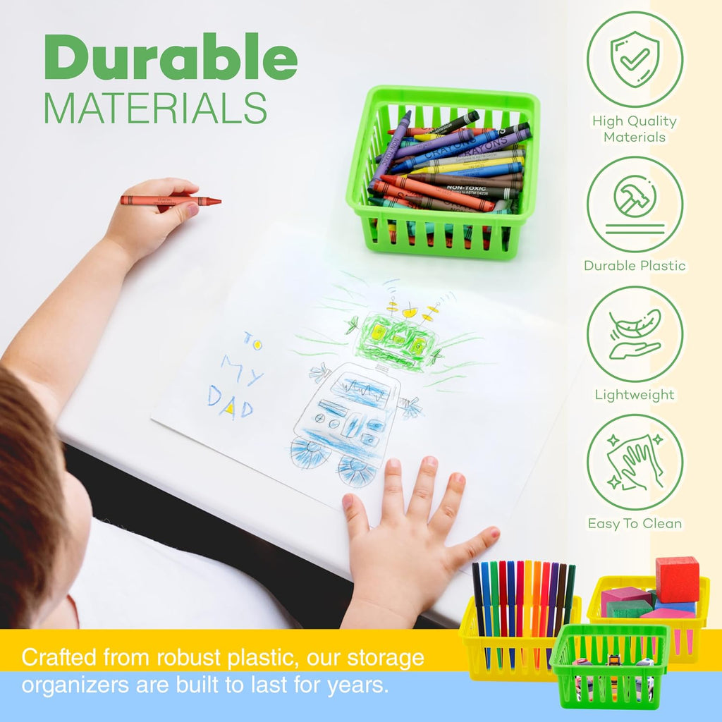 12 Pack Small Classroom Storage Baskets, Square 4.5" Sturdy Plastic Colorful Crayon & Pencil Container, Organizer
