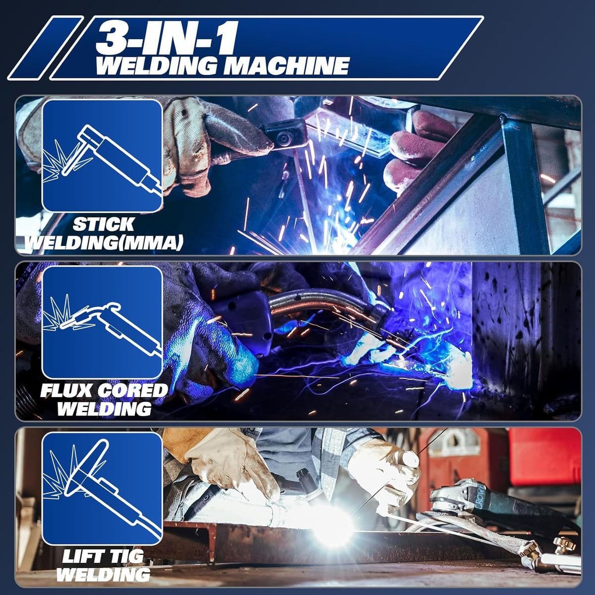 135A 3-in-1 IGBT Inverter Welder, 110V Flux Core MIG/Lift TIG/Stick Welding Machine with Synergic Control, LED