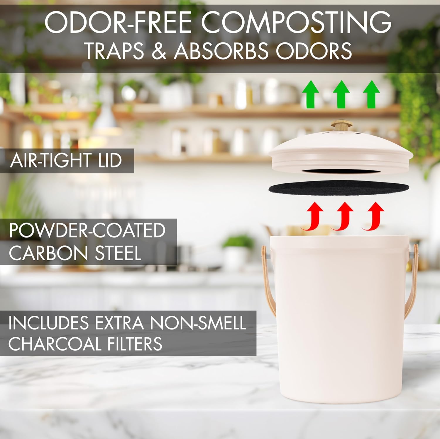 Beautiful Kitchen Compost Bin with Smell Proof Lid - Rust Proof and Odorless Compost Bucket for Your Countertop with