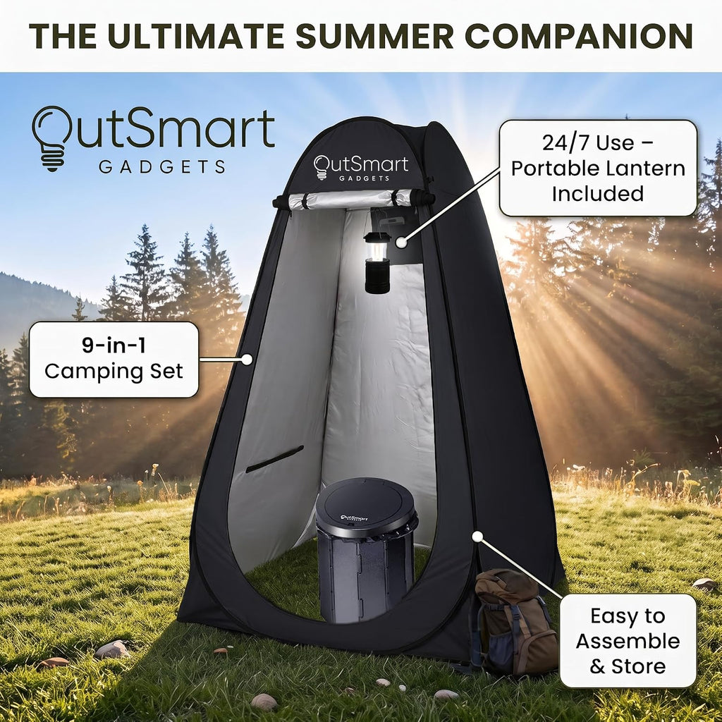 Outdoor Portable Toilet Set for Adults with Camping Night Lantern, Folding XL Toilet, Pop Up Privacy Tent and Carry