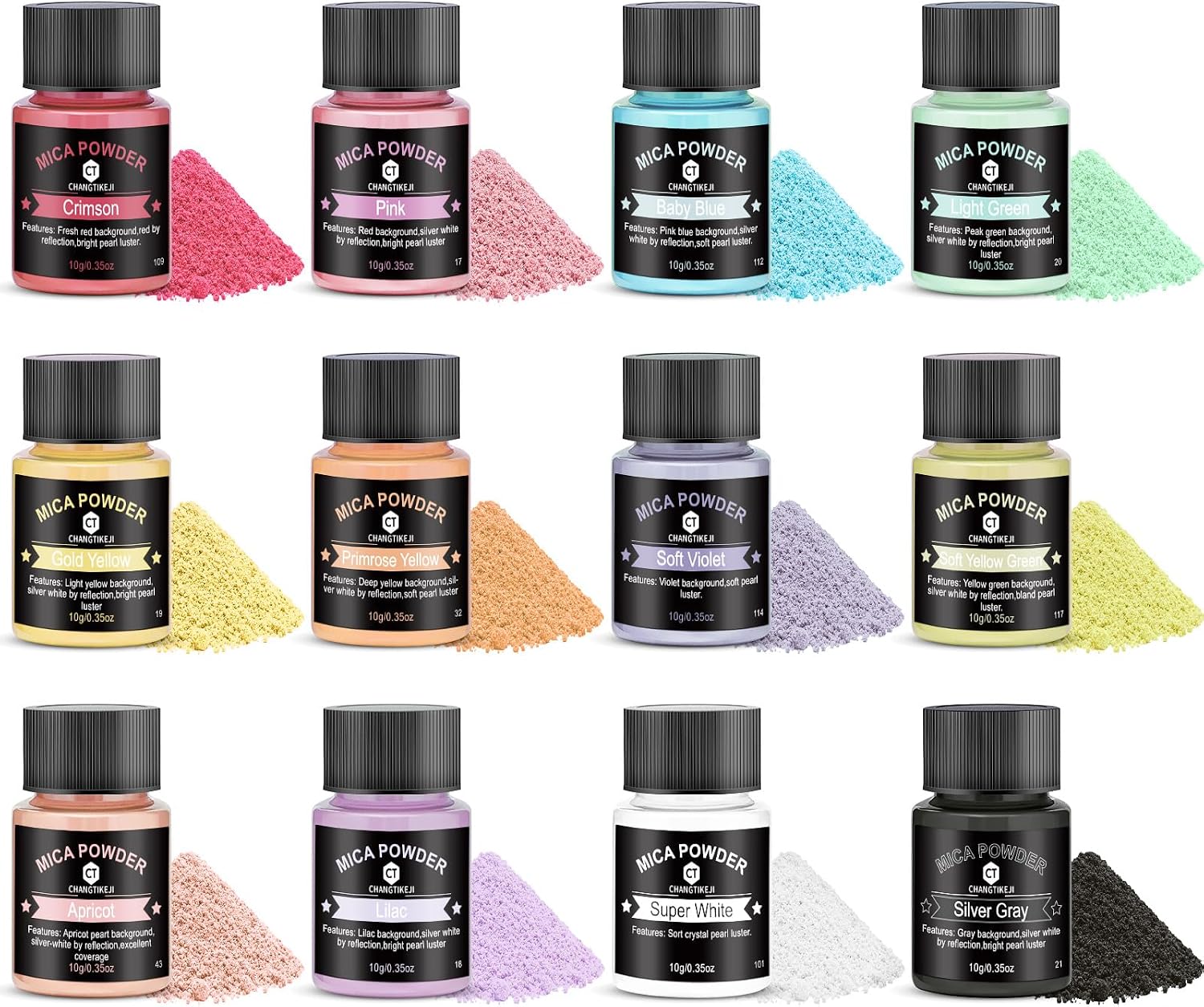 Mica Powder 12 Colors Pearlescent Pigment - for Resin Epoxy, Soap Making, Nail Polish, Lip Gloss, Eye Shadow, Bath
