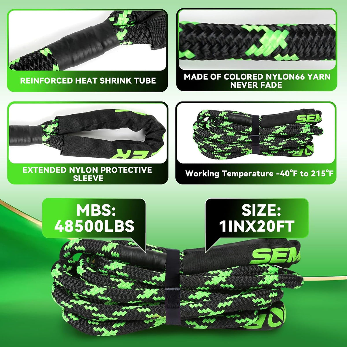 Kinetic Recovery Rope 1" x20ft Snatch Strap with Soft Shackles