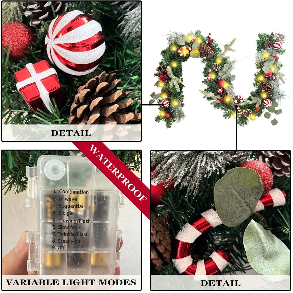 Pre-Lit 6 Feet/ 72 Inch Christmas Garland with Lights for Front Door Red White Christmas Mantel Garland Decoration