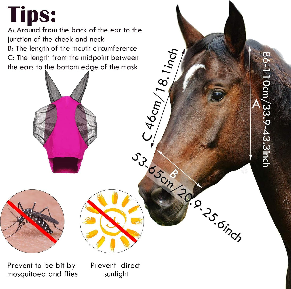 3 Pcs Horse Fly Mask with Ears, L, Purple, Blue, Pink