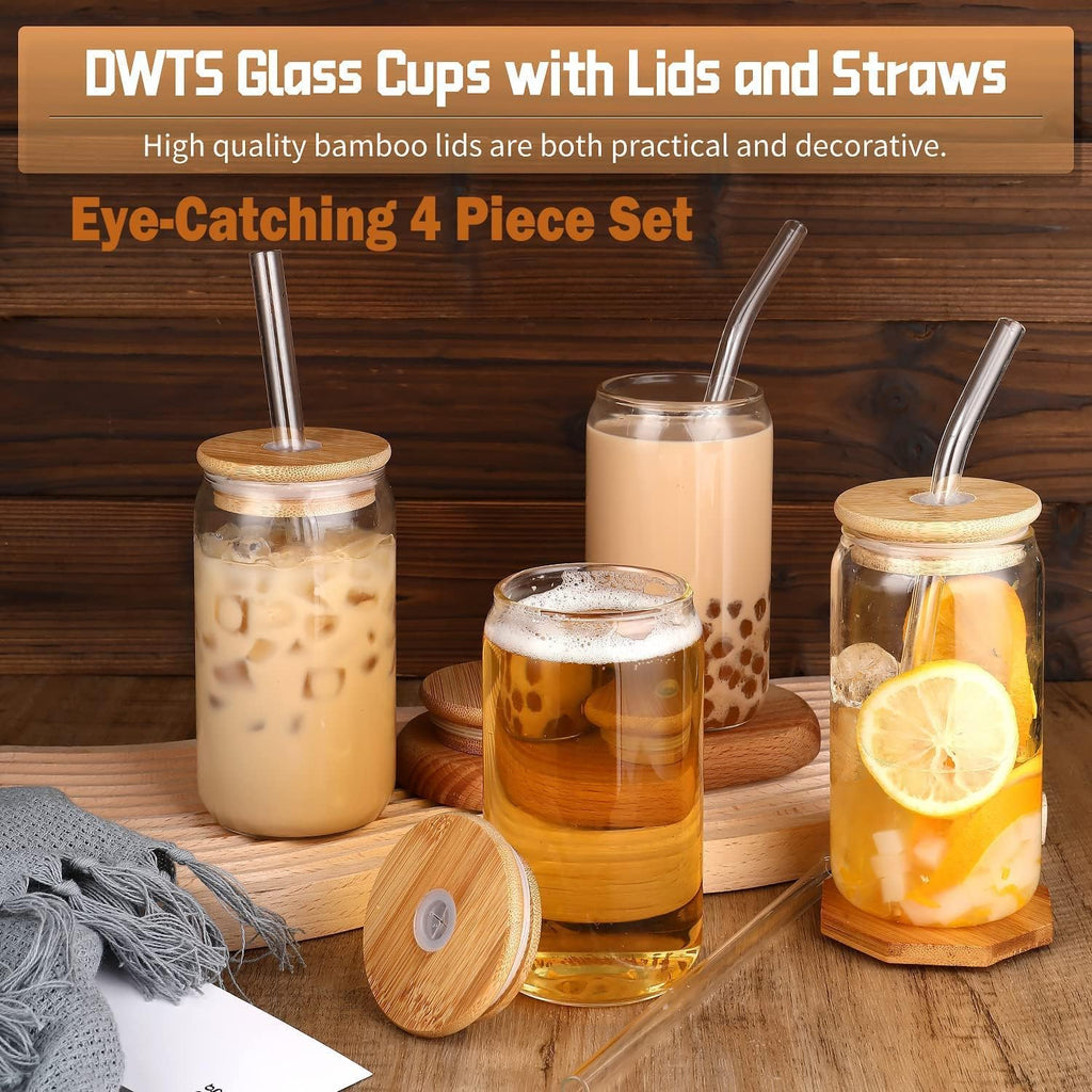 Glass Cups with Lids and Straws 4 pcs,16oz Drinking Glasses Set for Coffee Bar Accessories,Iced Coffee Cups with