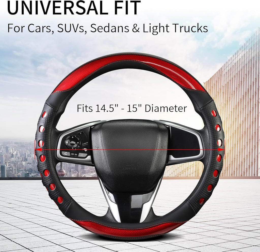 PU Leather Car Steering Wheel Cover with Anti-Slip Grip, for Women and Men, Universal Fit for 14.5-15 Inch Cars