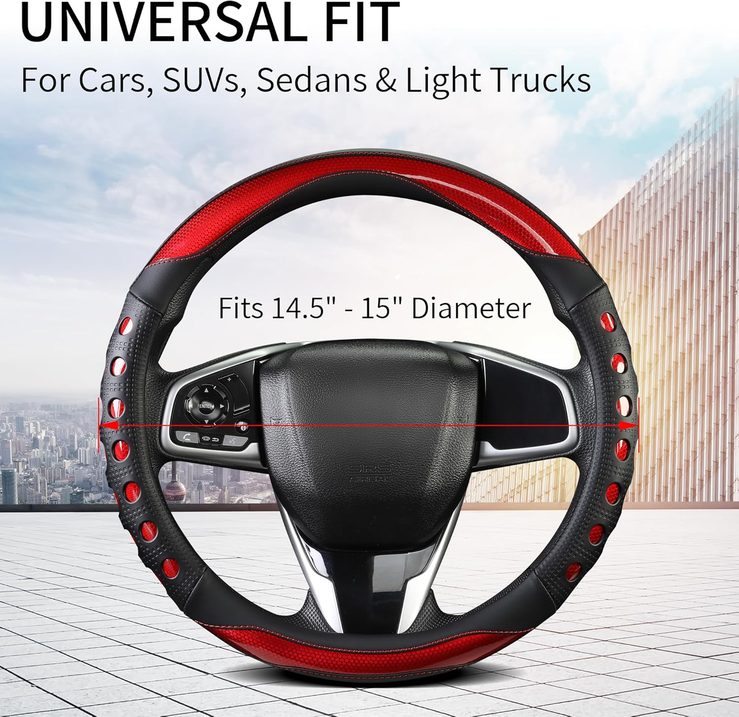 PU Leather Car Steering Wheel Cover with Anti-Slip Grip, for Women and Men, Universal Fit for 14.5-15 Inch Cars