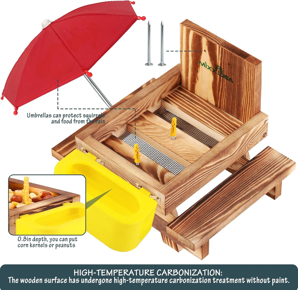 Wooden Squirrel Feeder Table with Water Bowl, Squirrel Picnic Table for Outside with Umbrella, Brown Squirrel Feeder