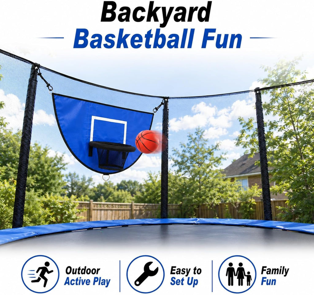 Trampoline Basketball Hoop Attachment, Soft PVC Backboard, 3 Balls & Pump | Attaches to enclosure net or poles; no