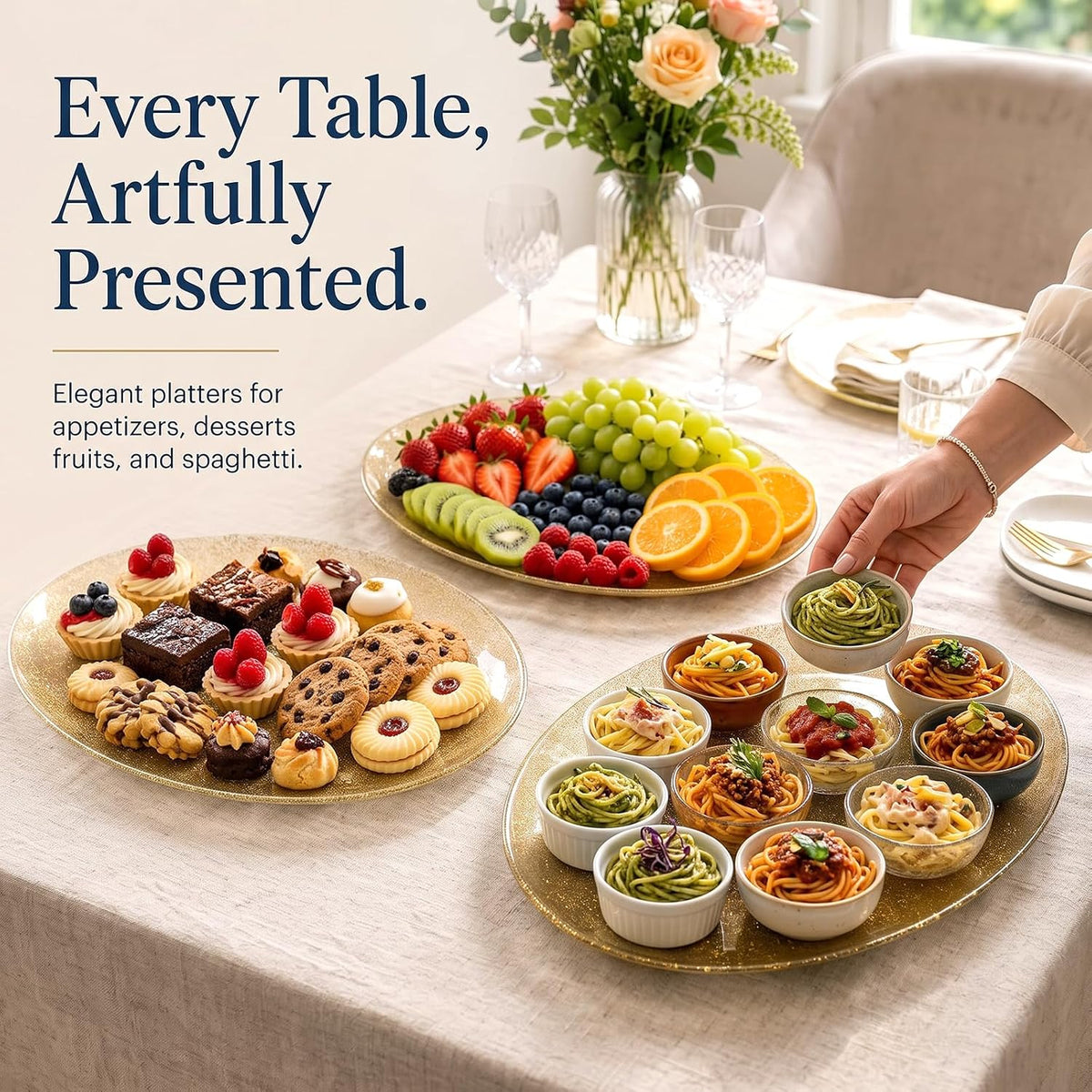 6Pack Gold Glitter Plastic Serving Trays Serving Platters for Party