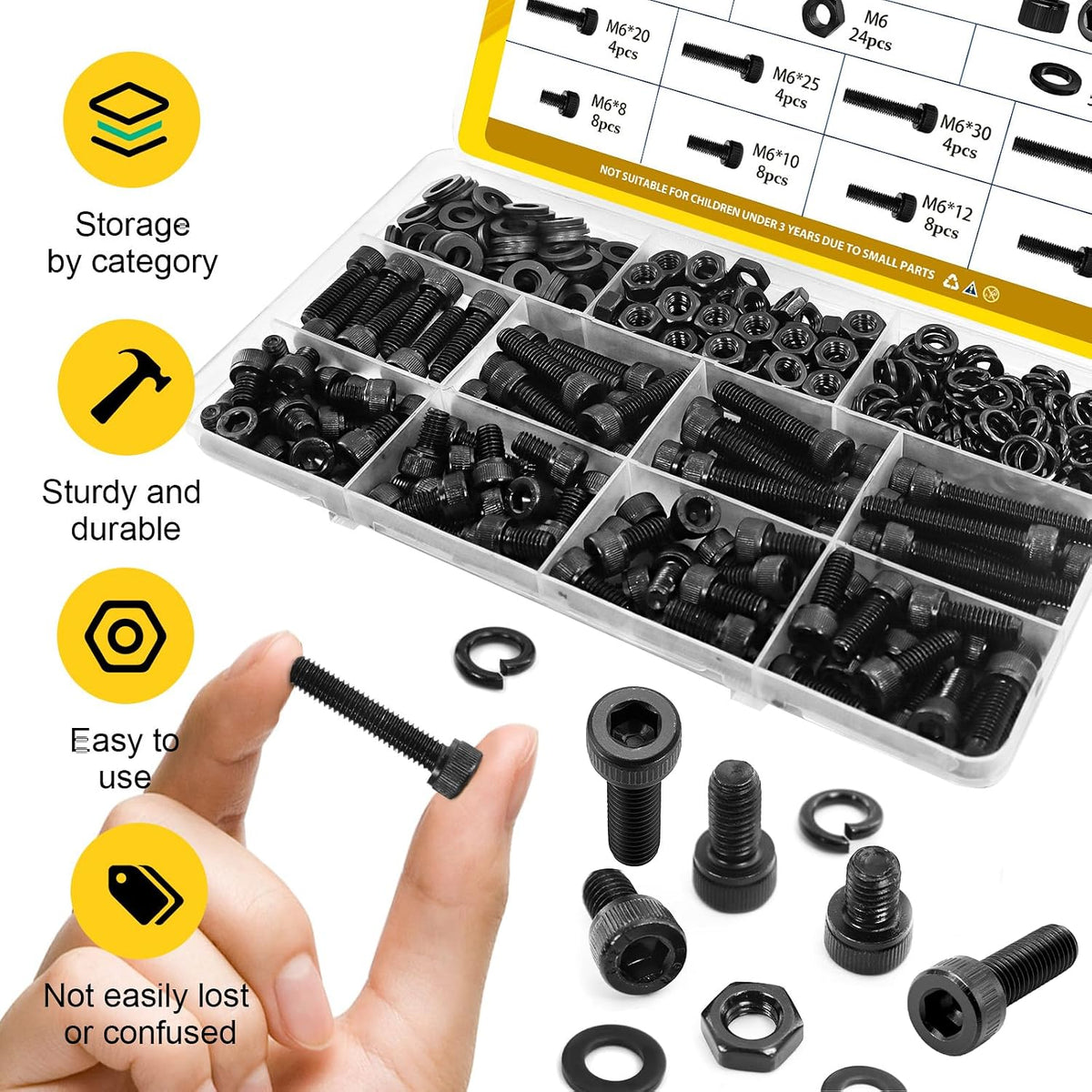 185PCS M6 Socket Screws Assortment Kit, M6x8/10/12/16/20/25/30/35 mm