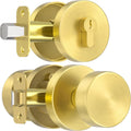 Gold Door Knob with Deadbolt Lock, Satin Brass Front Door Handle with Deadbolt Lock Set, Round Deadbolt and Exterior