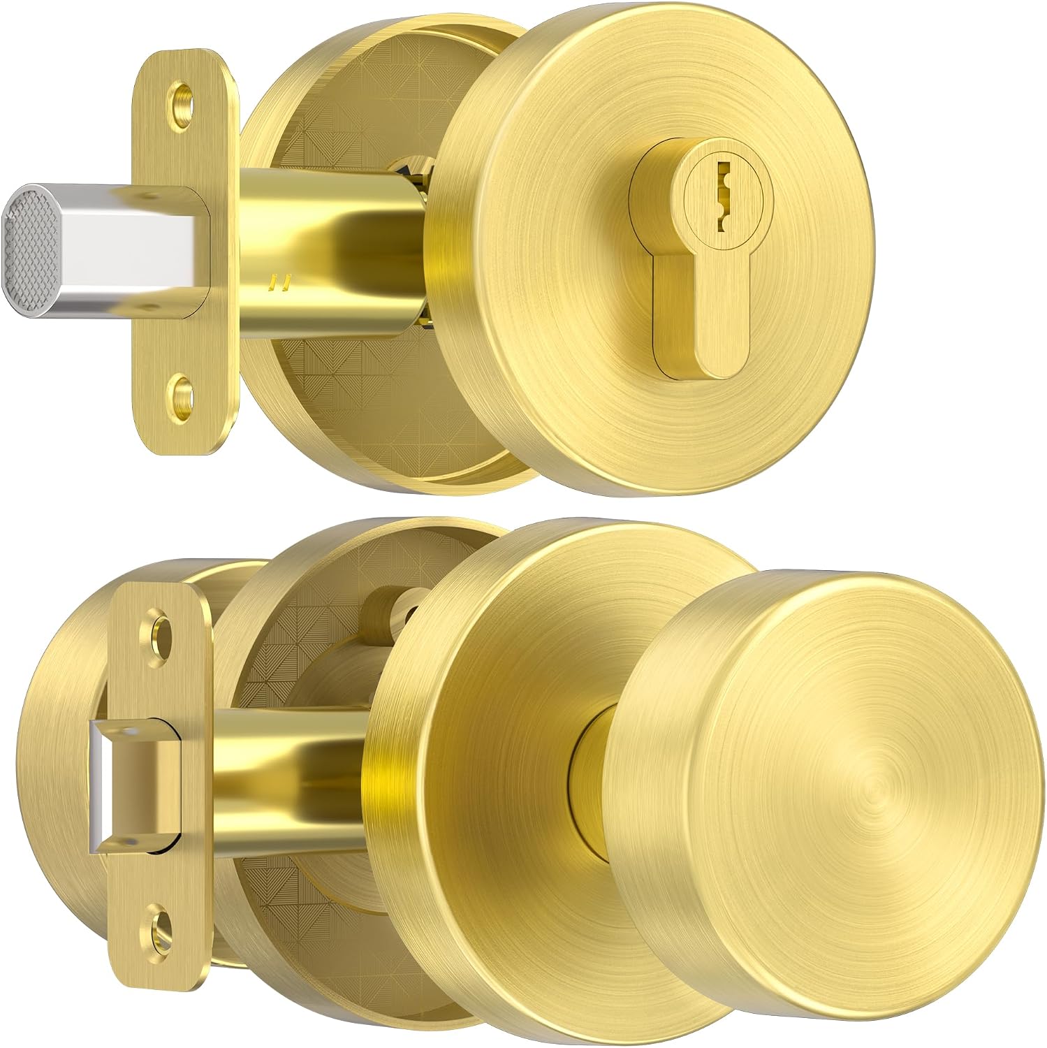 Gold Door Knob with Deadbolt Lock, Satin Brass Front Door Handle with Deadbolt Lock Set, Round Deadbolt and Exterior
