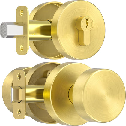 Gold Door Knob with Deadbolt Lock, Satin Brass Front Door Handle with Deadbolt Lock Set, Round Deadbolt and Exterior