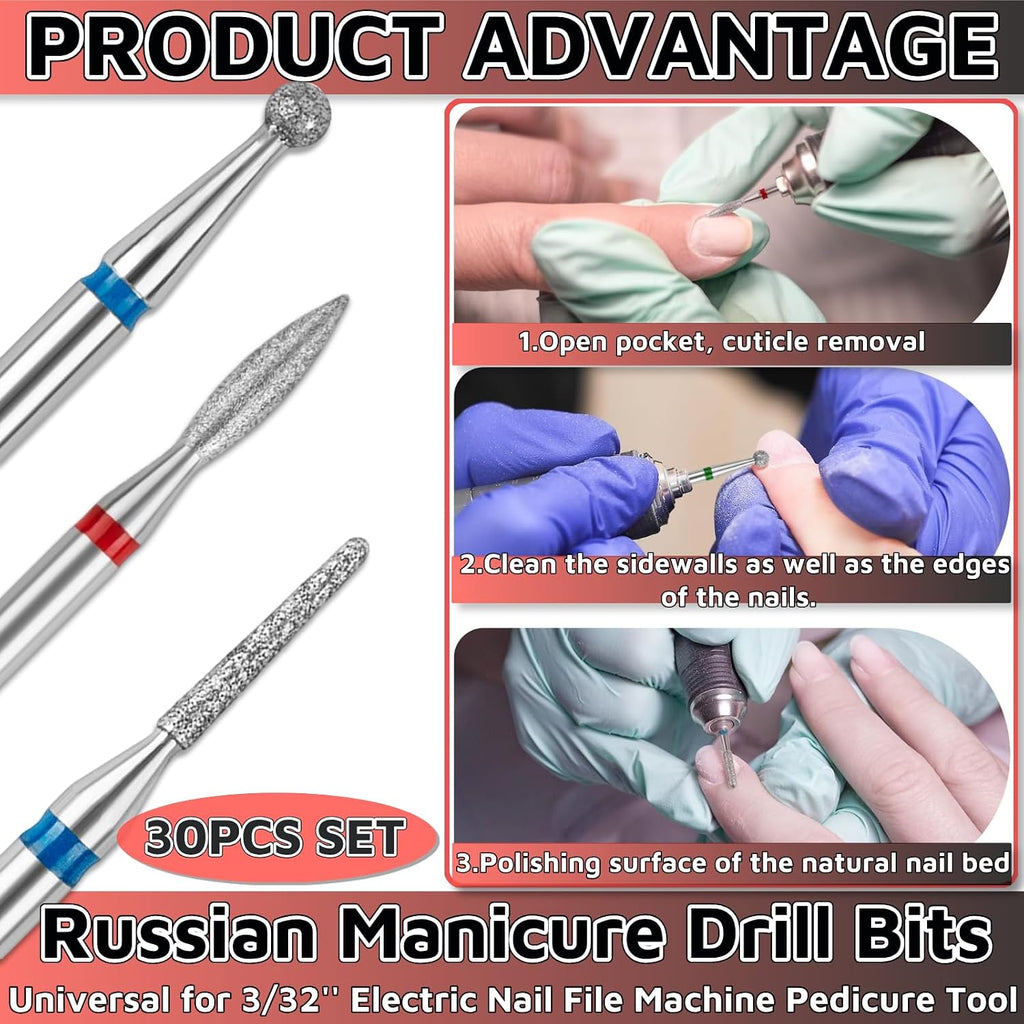 Russian Manicure Drill Bits 30PCS，Electric Nail Drill Bits Nail Drill Bit Set，Cuticle Bit for Nail Drill，Cuticle