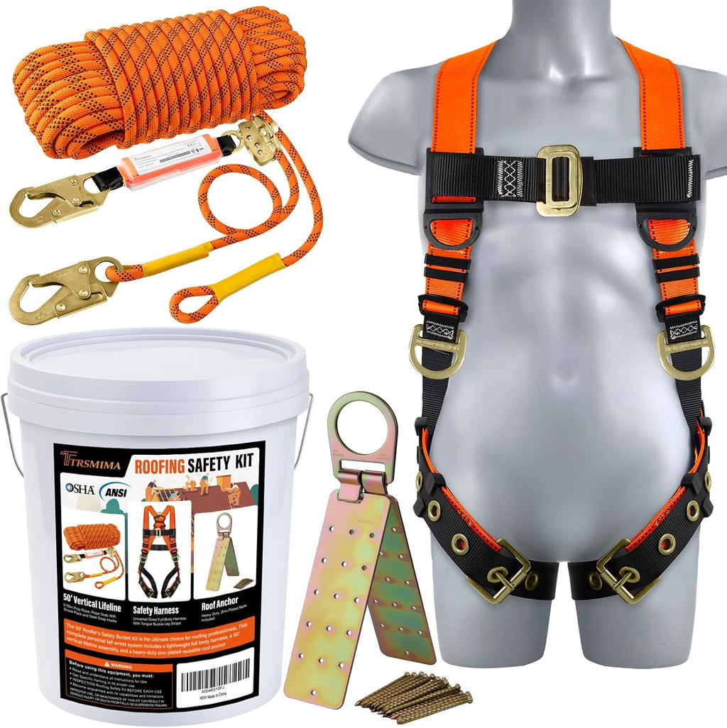 Safety Harness Fall Protection Kit - Roofing Harnesses 50ft Safety Rope | Safety Rope for Roofing Lanyard Kit 5