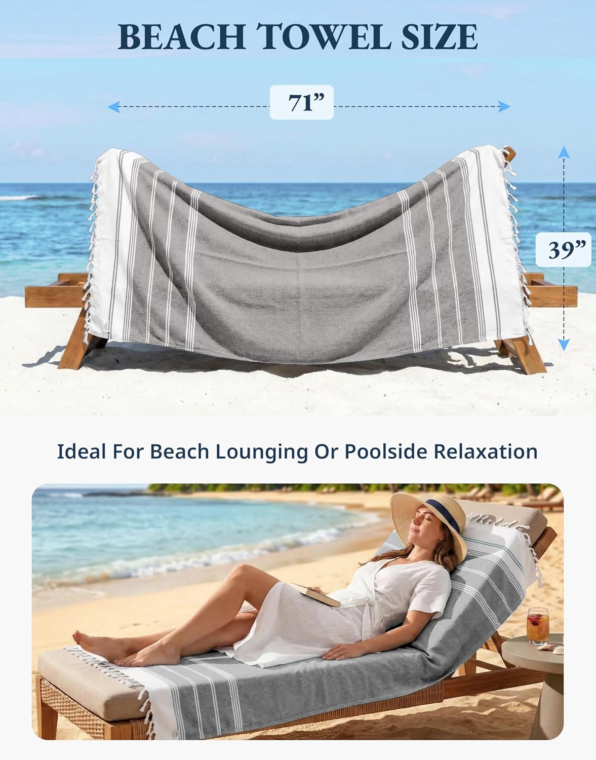 Beach Towel, 2 Pack Beach Towels Oversized, 39"x71", XL - Ebony | Quick Dry Pool Towels for Adults - Absorbent Sand