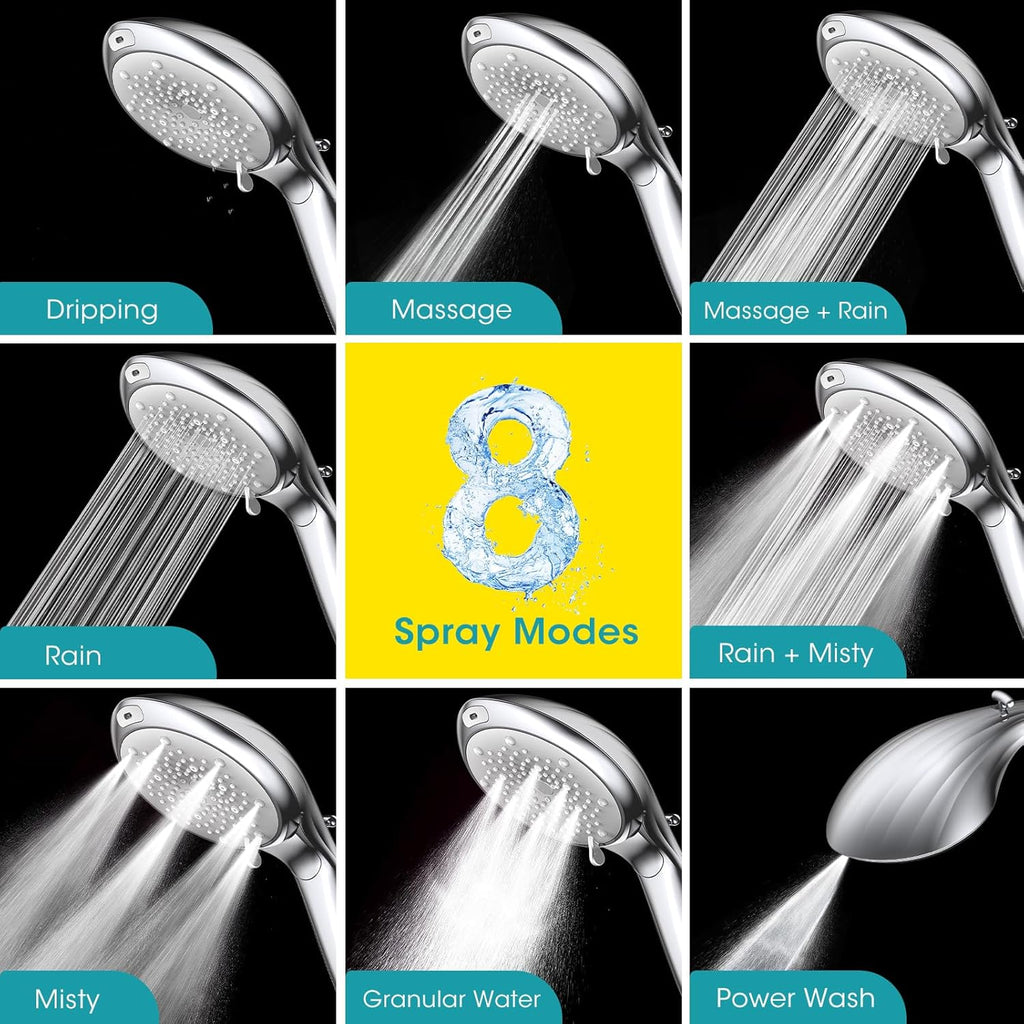 Filtered Shower Head with Handheld, High Pressure 8 Sprays, Chrome | 80" Long Stainless Hose, Built-in Power Wash