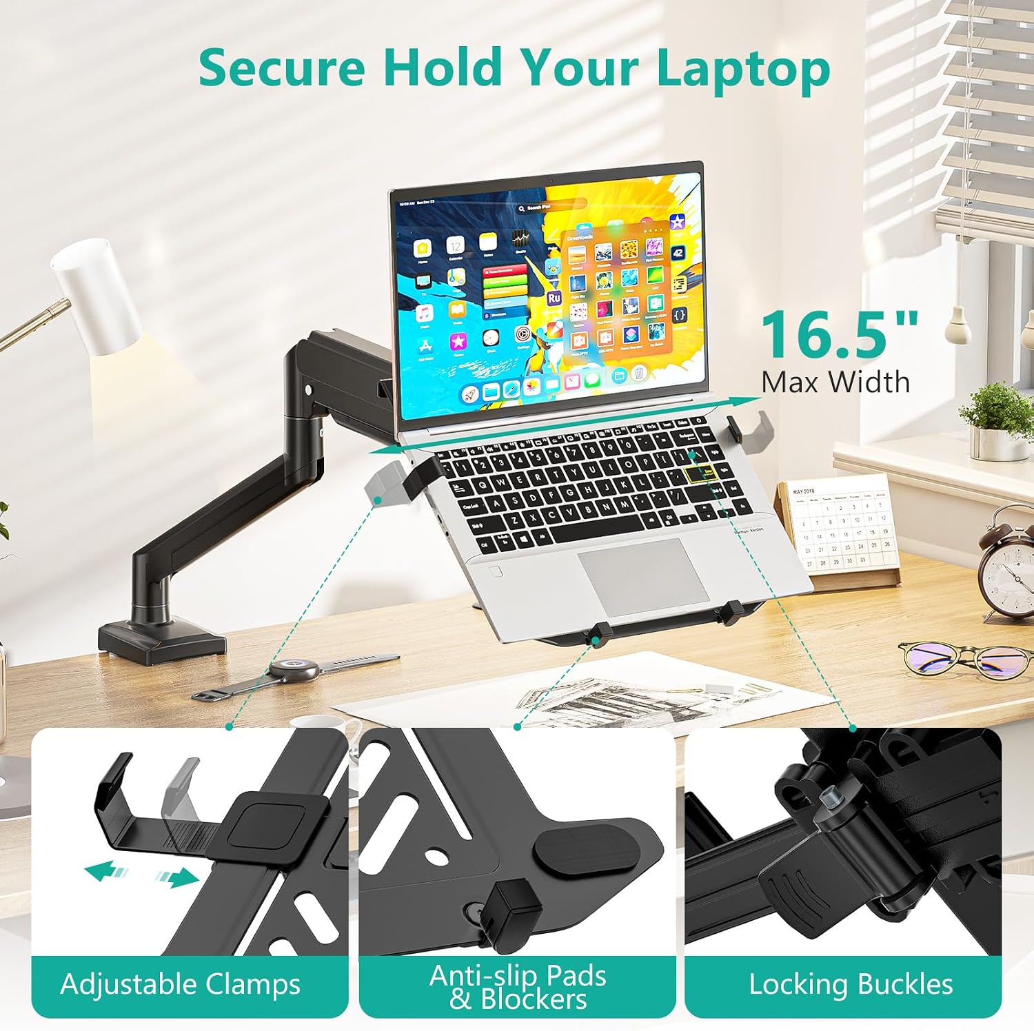 Single Arm Laptop and Monitor Desk Mount for 17" Notebook and Up to 32" Screen, 2-in-1 Adjustable Gas Spring Monitor