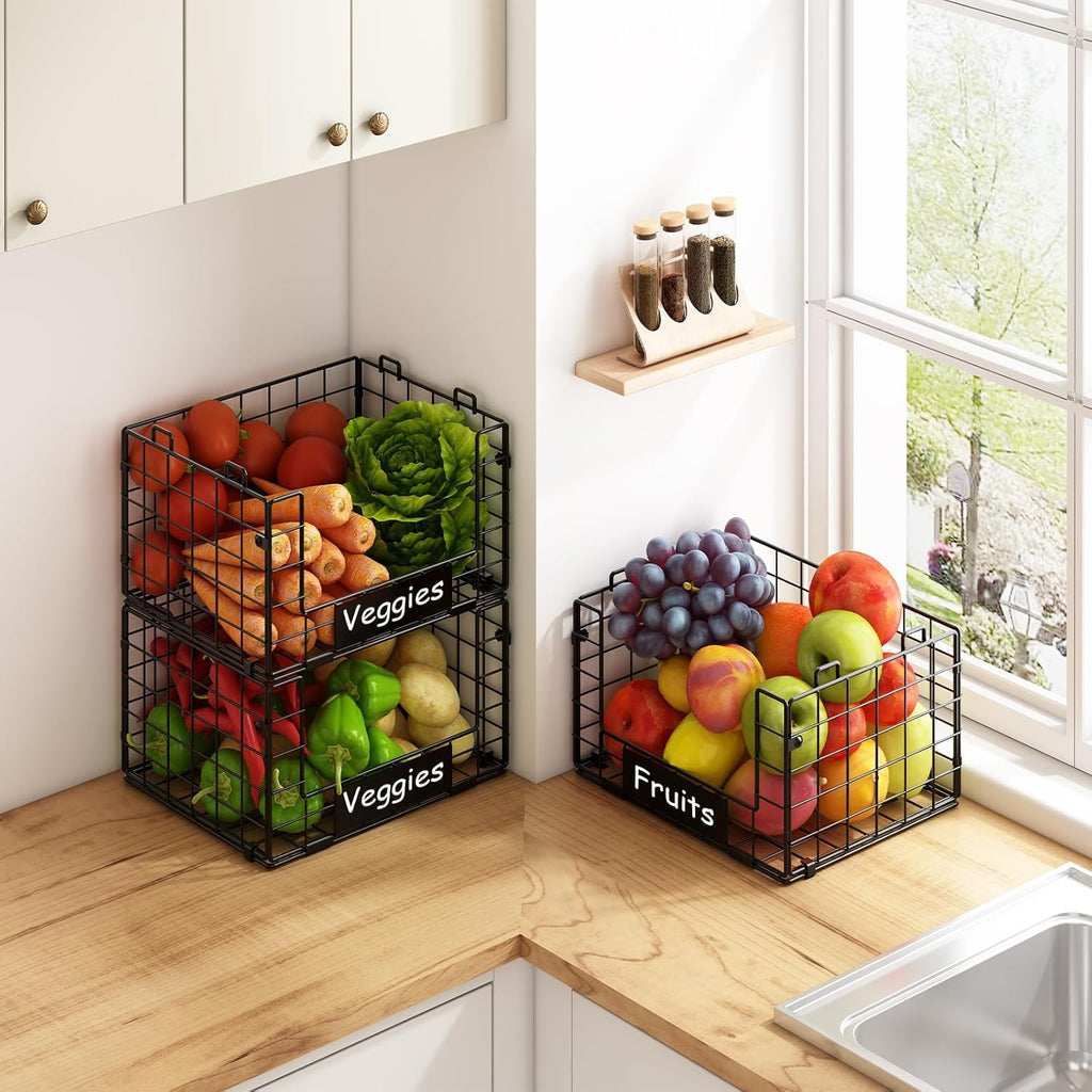 3 Pack Stackable Wire Baskets with NamePlates for Pantry Organizers and Storage, XL Fruit and Vegetable Basket, Metal