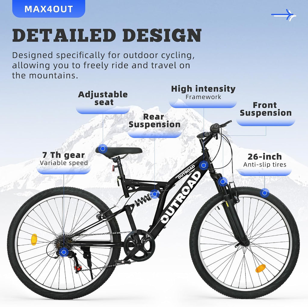 26 inch Mountain Bike Dual Full Suspension, Outdoor Hybrid Bikes,7-Speed/High-Carbon Steel