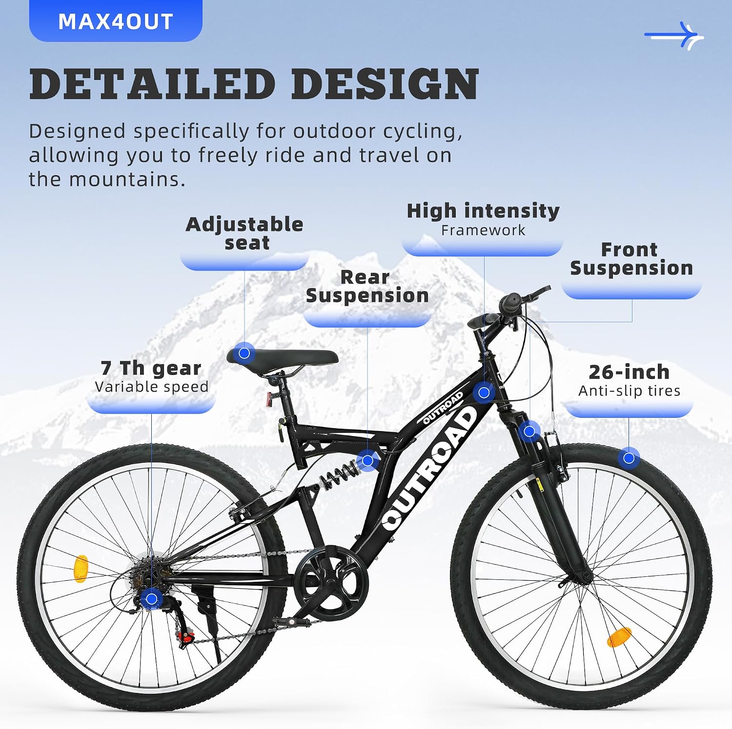 26 inch Mountain Bike Dual Full Suspension, Outdoor Hybrid Bikes,7-Speed/High-Carbon Steel