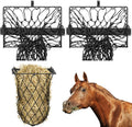 2 Set Wall Mount Hay Feeder for Horse Goats Hay Rack with Net, Black