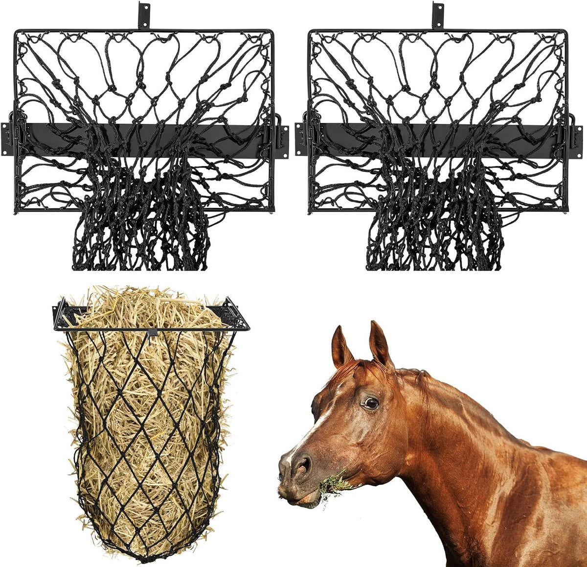 2 Set Wall Mount Hay Feeder for Horse Goats Hay Rack with Net, Black