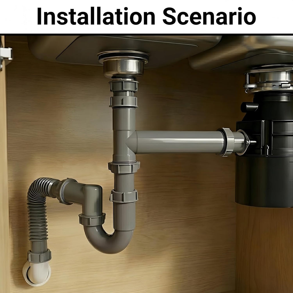 Garbage Disposal Installation Kit For Double Bowl Sink, 1-1/2 Inch Drain | Wall/Floor Outlet, Reinforced PP, P-Trap