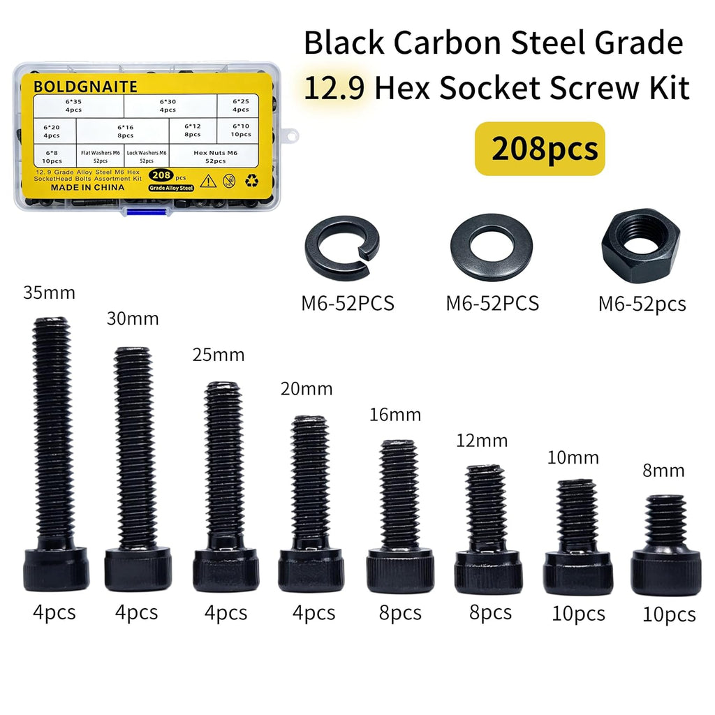208PCS M6 Hex Socket Screw Assortment Kit, M6x8/10/12/16/20/25/30/35 mm