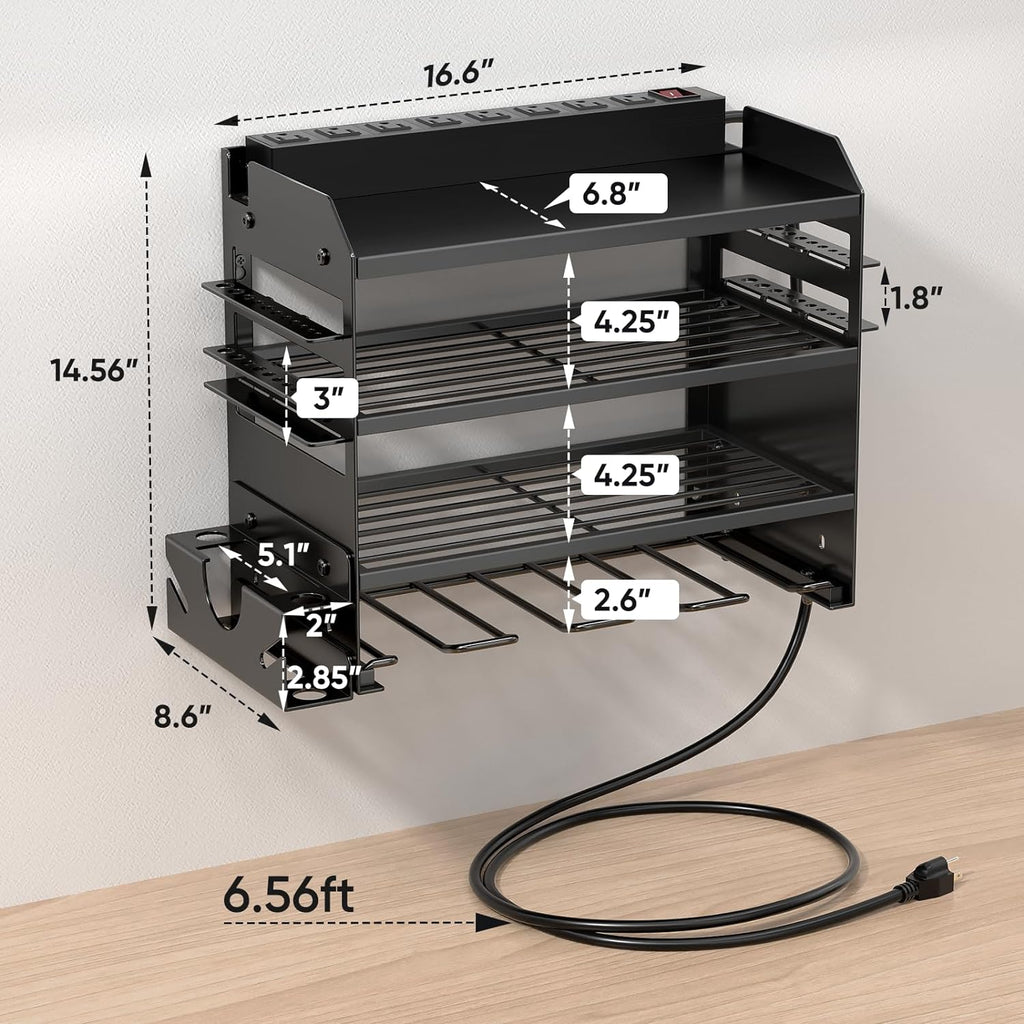Power Tool Organizer Wall Mount with Charging Station,Tool Storage Rack with 8 Outlet Power Strip,Heavy Duty Metal