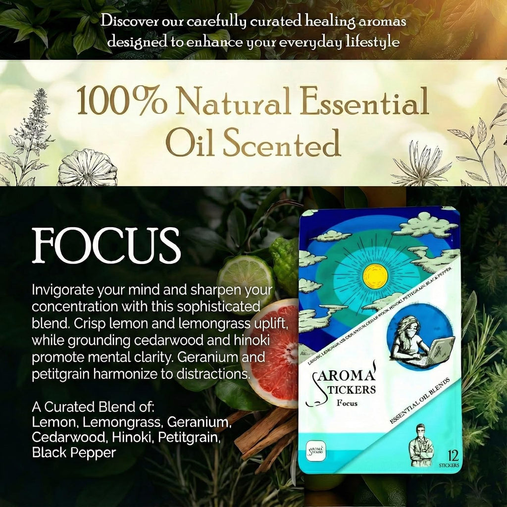 Original Blend Focus - 100% Natural Essential Oil Scented Stickers for Personal Space - Towels, Blankets, Face Mask &