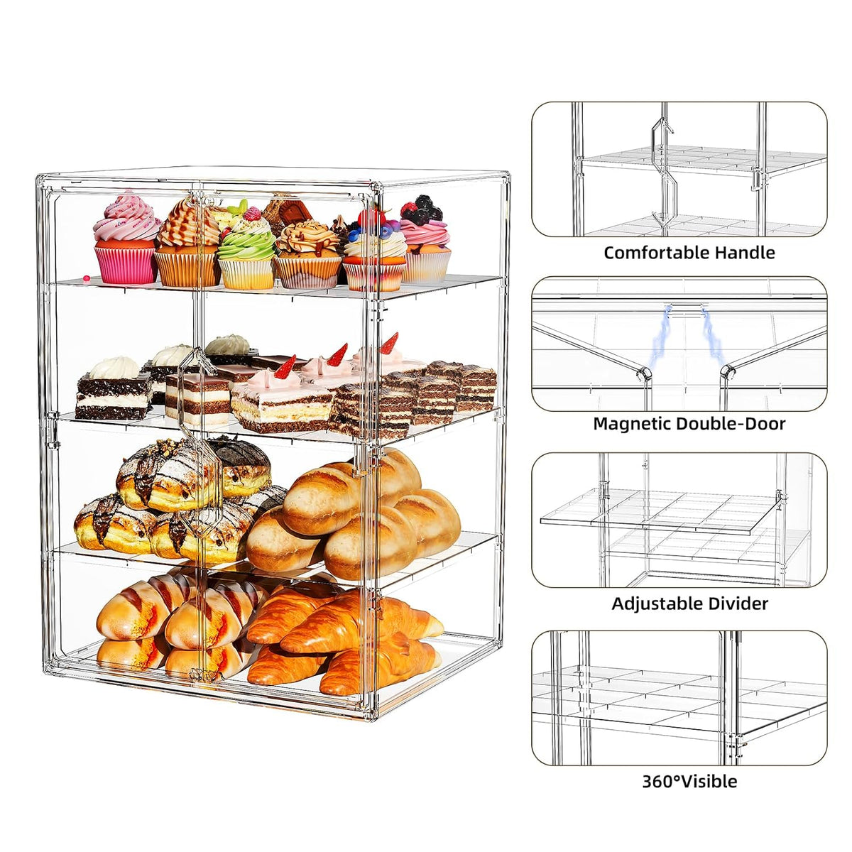 Acrylic Pastry Display Case 4 Tier Bread Box for Kitchen Countertop