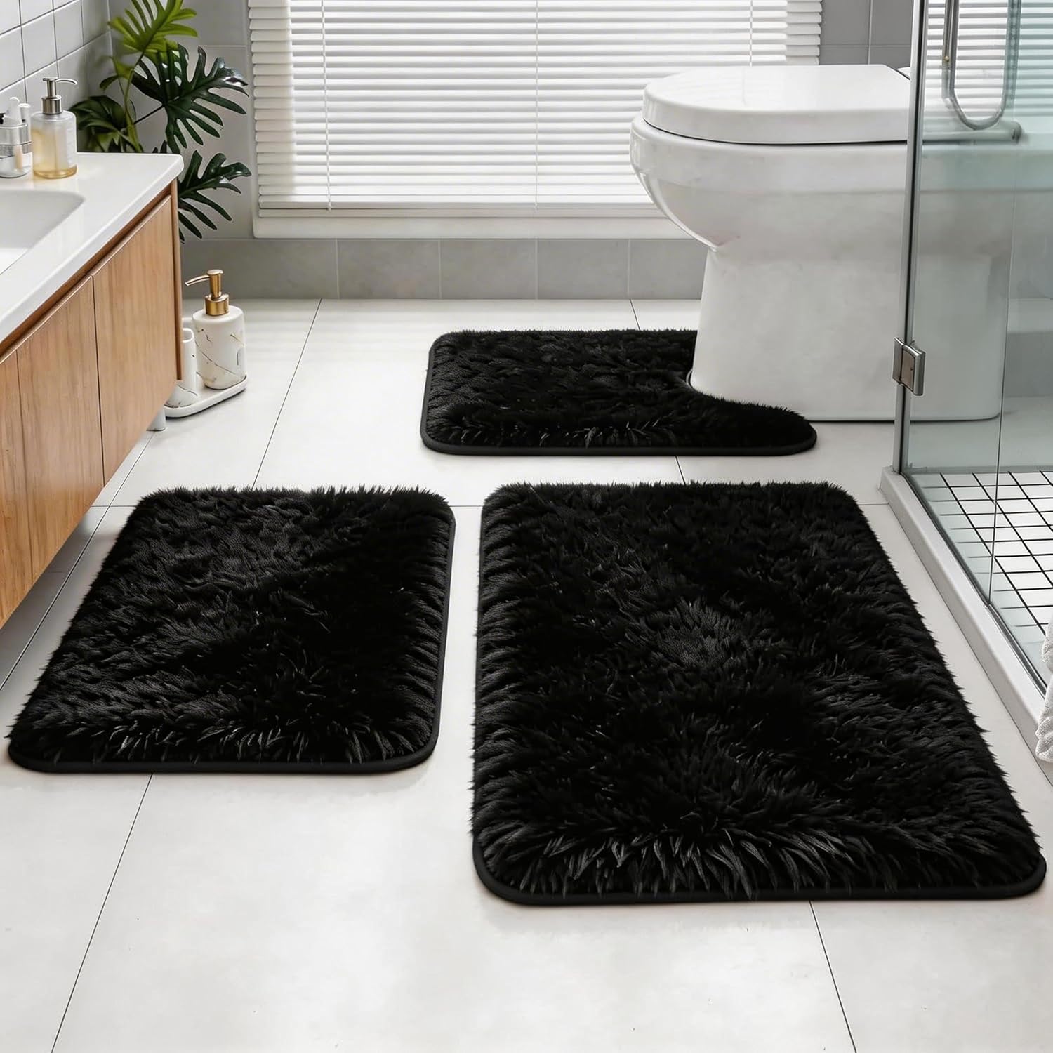 Bathroom Rugs Set Plush Velvet Bath Rugs Non-Slip Shaggy Bath Mat Set 3 Piece,Washable Mats,Absorbent Shaggy Rugs