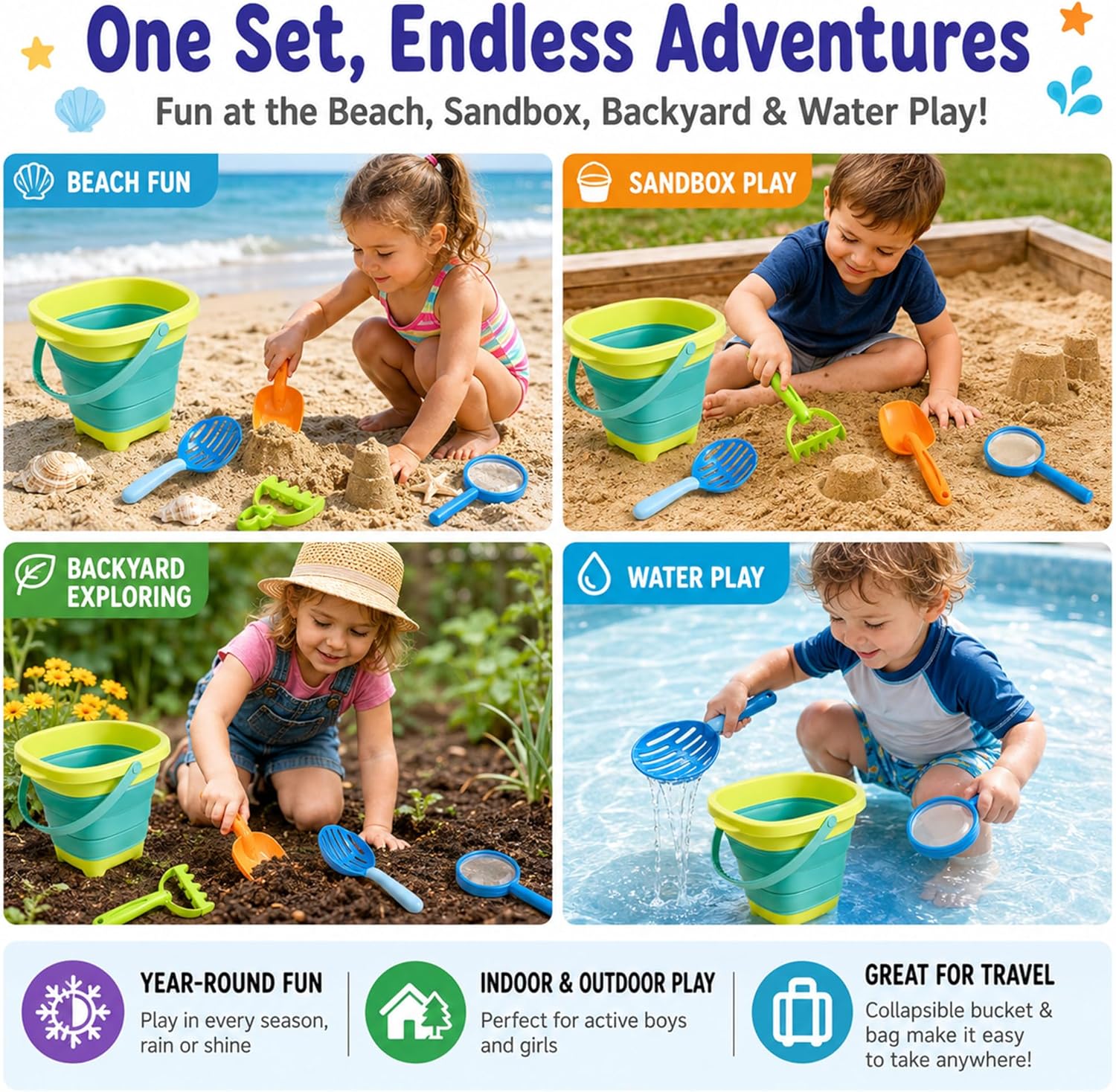 47pc Collapsible Beach Toys for Toddlers Kids ，Educational Sand Toys with Letter & Number Molds, Collapsible Bucket