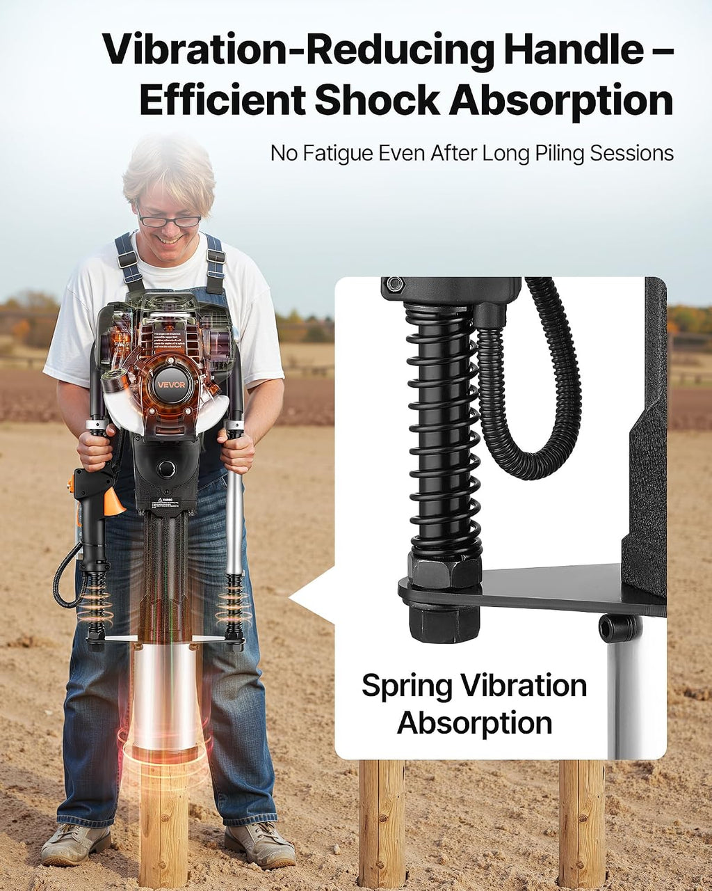 Gas Powered T Post Driver, 37.7cc 4-Stroke Engine Efficient Post Pounder with 3 Piling Sleeves, Vibration-Reducing