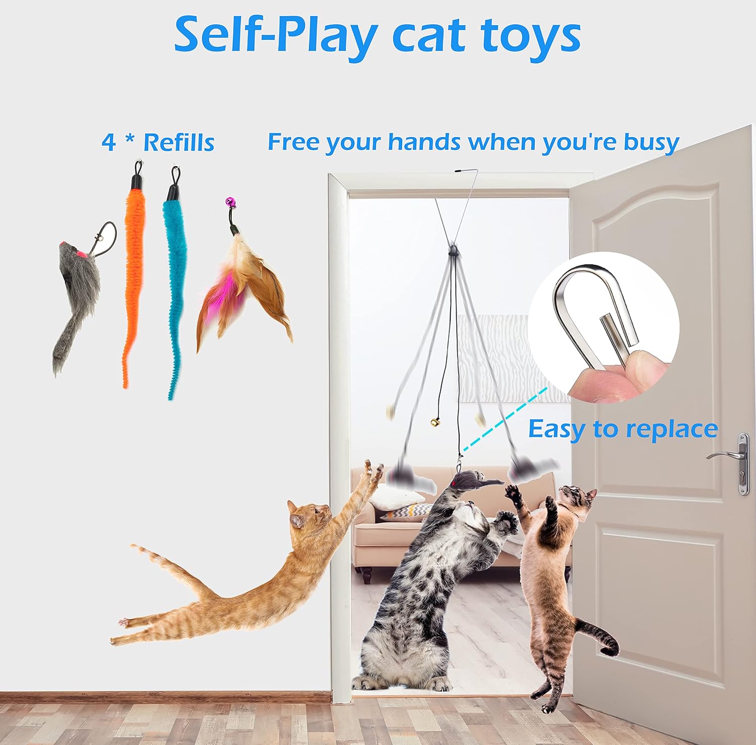 Cat Toys 50 Pcs for Indoor Cats,Interactive Door Hanging Mice Feather Toy Cat Spring Toy Cat Wand Catnip Crinkle