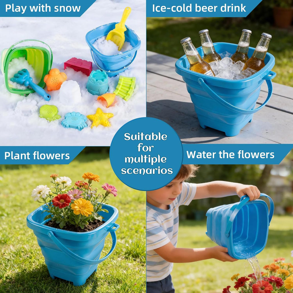 Collapsible Beach Toys for Toddlers Kids – 2 Foldable Sand Buckets Shovel Rake, 8 Sand Molds & Castle Building Kit